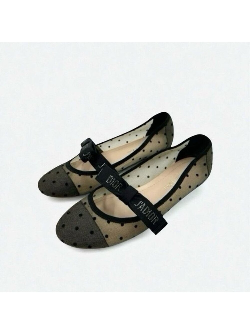 Christian Dior Ja Flat Shoes Mesh Fabric Black Logo Dot Ribbon Rhinestone - Picture 2 of 10